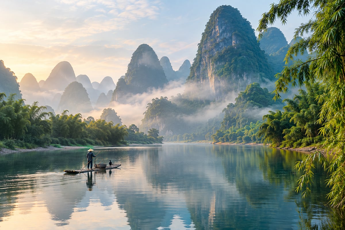 目的地桂林：江面竹筏与喀斯特山水（主题配图）